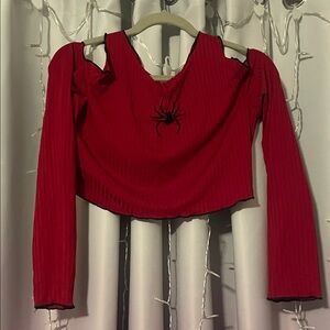 Red Cold-Shoulder Ribbed Crop Top with Spider Embroidery